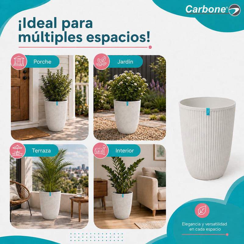 Maceta Alta Decorativa Blanca con Acabado Cerámico Mate para Interior y Exterior D43*H57cm Resistente a Rayos UV.