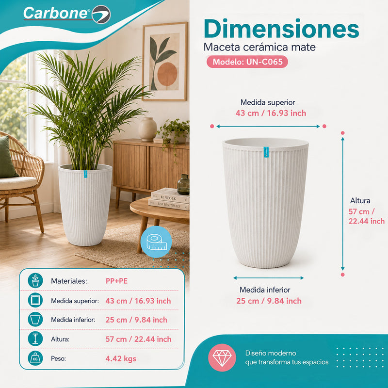 Maceta Alta Decorativa Blanca con Acabado Cerámico Mate para Interior y Exterior D43*H57cm Resistente a Rayos UV.