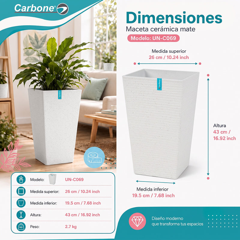 Maceta Cuadrada Alta Blanco con Acabado Cerámico Mate para Interior y Exterior L26*H43cm Resistente a Rayos UV.