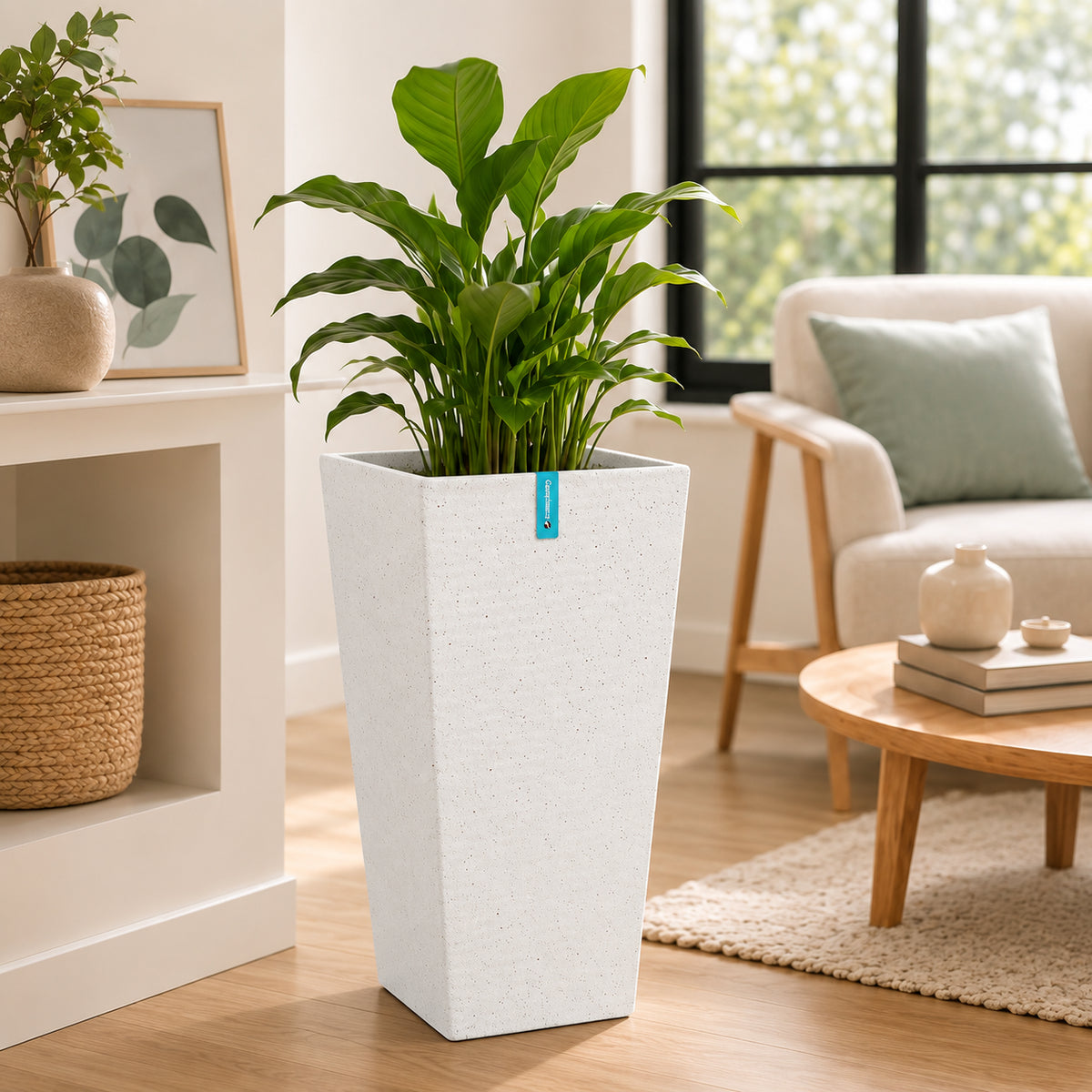 Maceta Cuadrada Alta Blanco con Acabado Cerámico Mate para Interior y Exterior L26*H43cm Resistente a Rayos UV.