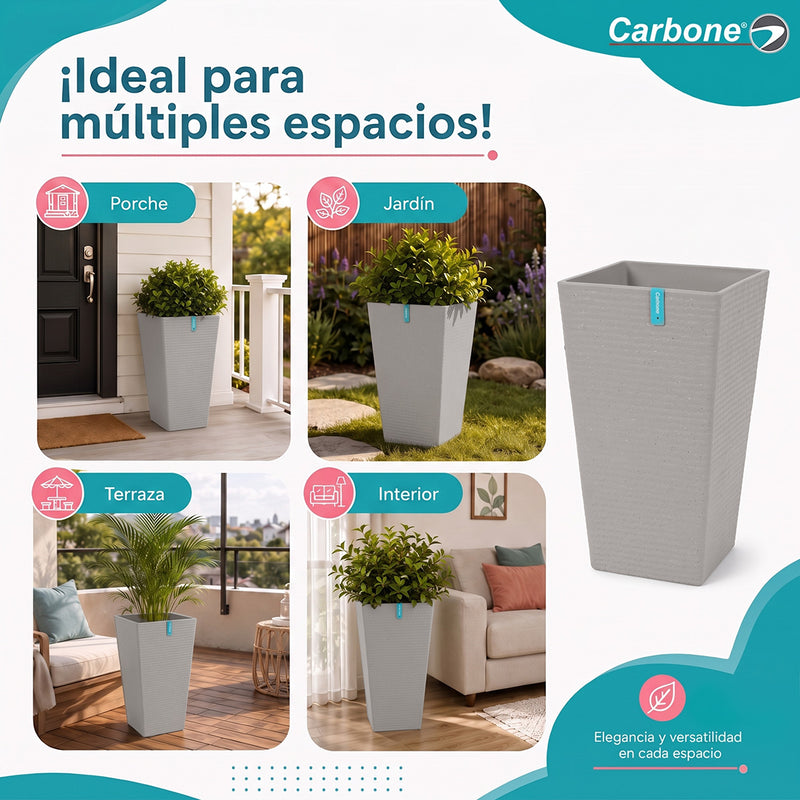 Maceta Cuadrada Alta Gris Clara con Acabado Cerámico Mate para Interior y Exterior L30*H55cm Resistente a Rayos UV.