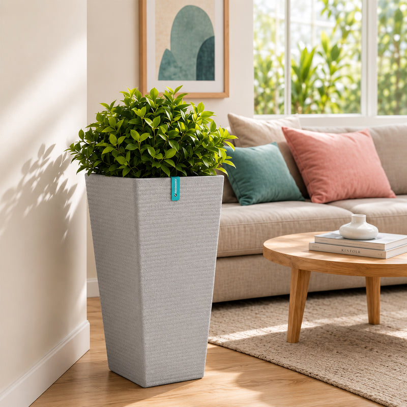 Maceta Cuadrada Alta Gris Clara con Acabado Cerámico Mate para Interior y Exterior L30*H55cm Resistente a Rayos UV.
