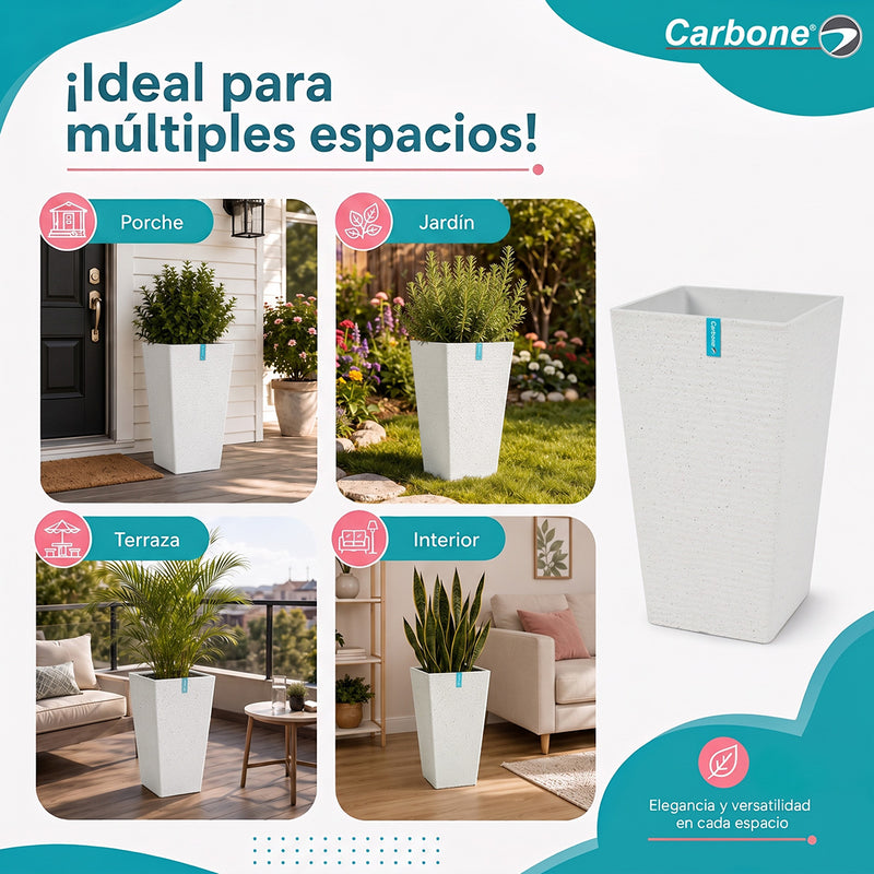 Maceta Cuadrada Alta Blanco con Acabado Cerámico Mate para Interior y Exterior L30*H55cm Resistente a Rayos UV.