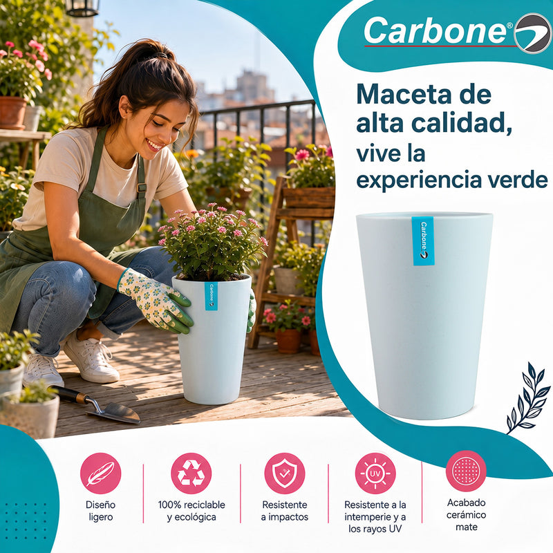 Maceta Alta Decorativa Gris Clara con Acabado Cerámico Mate para Interior y Exterior D14*H20cm Resistente a Rayos UV.