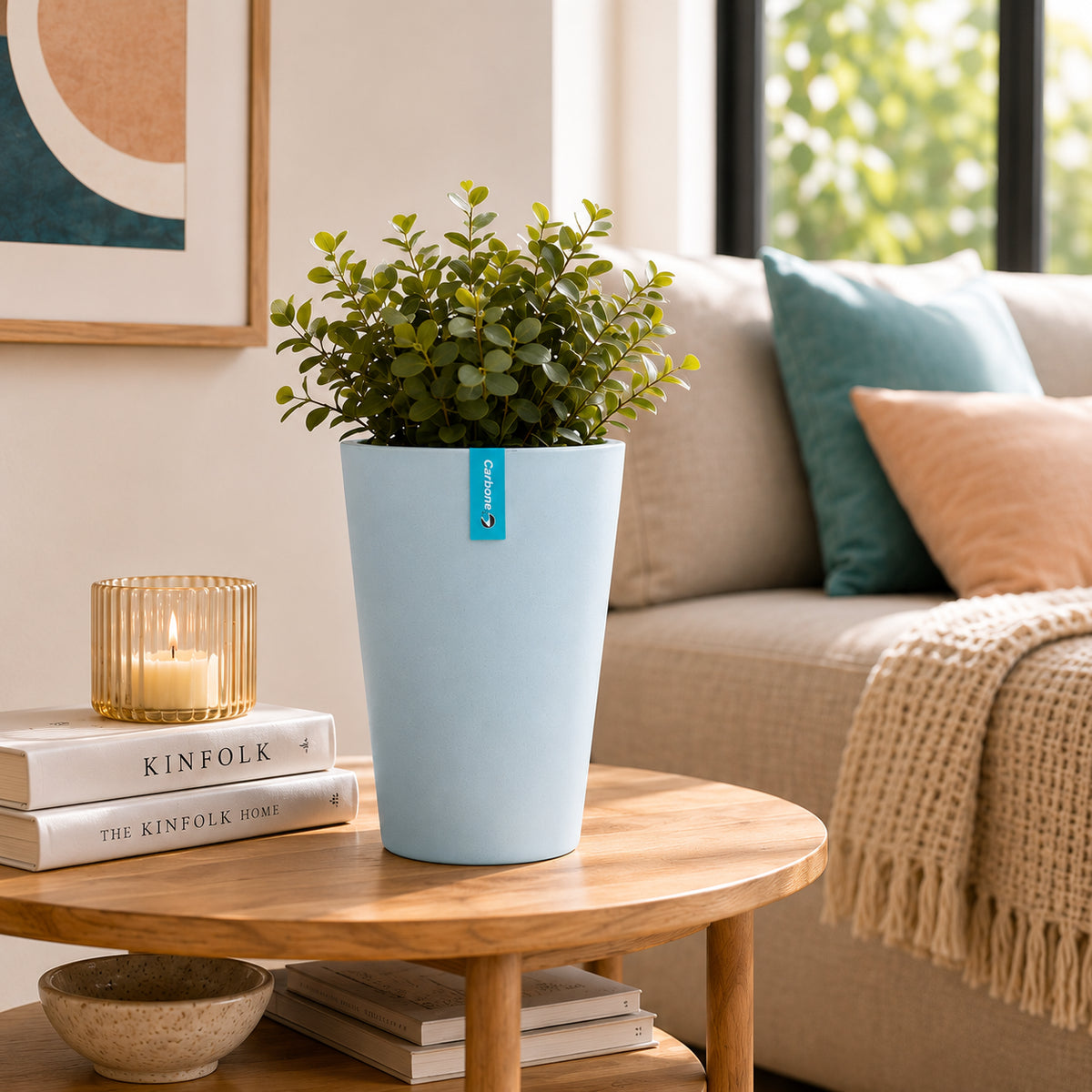 Maceta Alta Decorativa Gris Clara con Acabado Cerámico Mate para Interior y Exterior D14*H20cm Resistente a Rayos UV.
