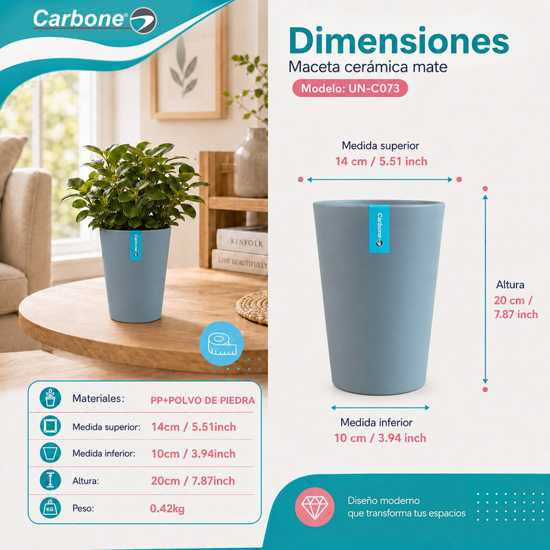 Maceta Alta Decorativa Gris Oscuro con Acabado Cerámico Mate para Interior y Exterior D14*H20cm Resistente a Rayos UV.