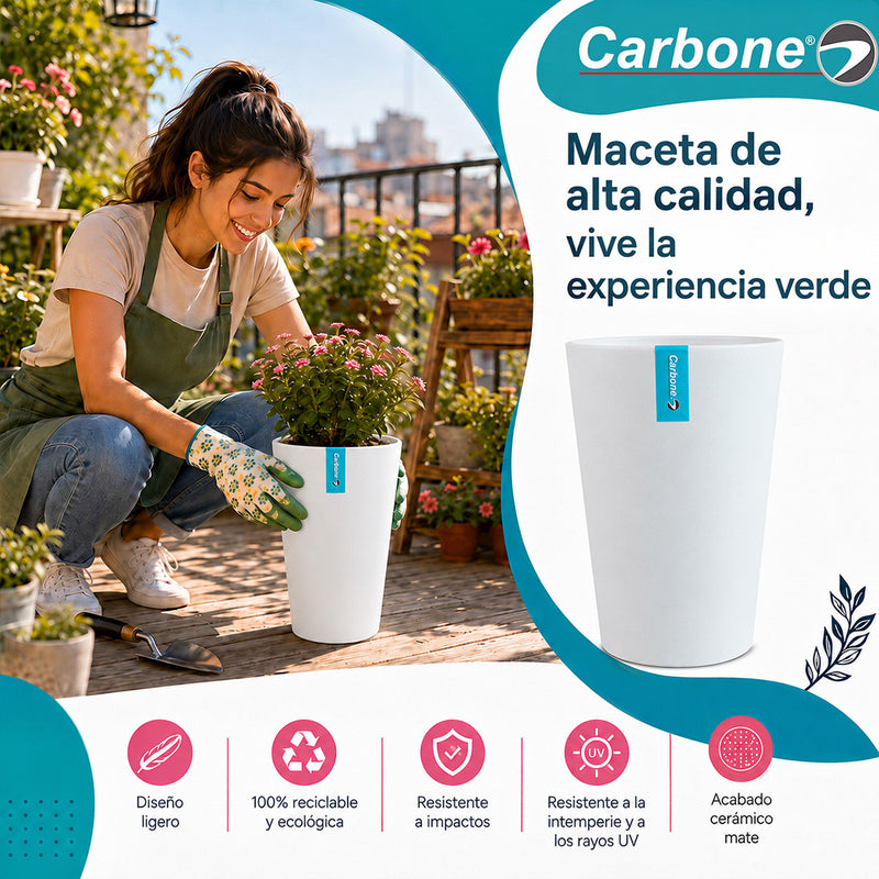 Maceta Alta Decorativa Blanca con Acabado Cerámico Mate para Interior y Exterior D17*H25cm Resistente a Rayos UV.
