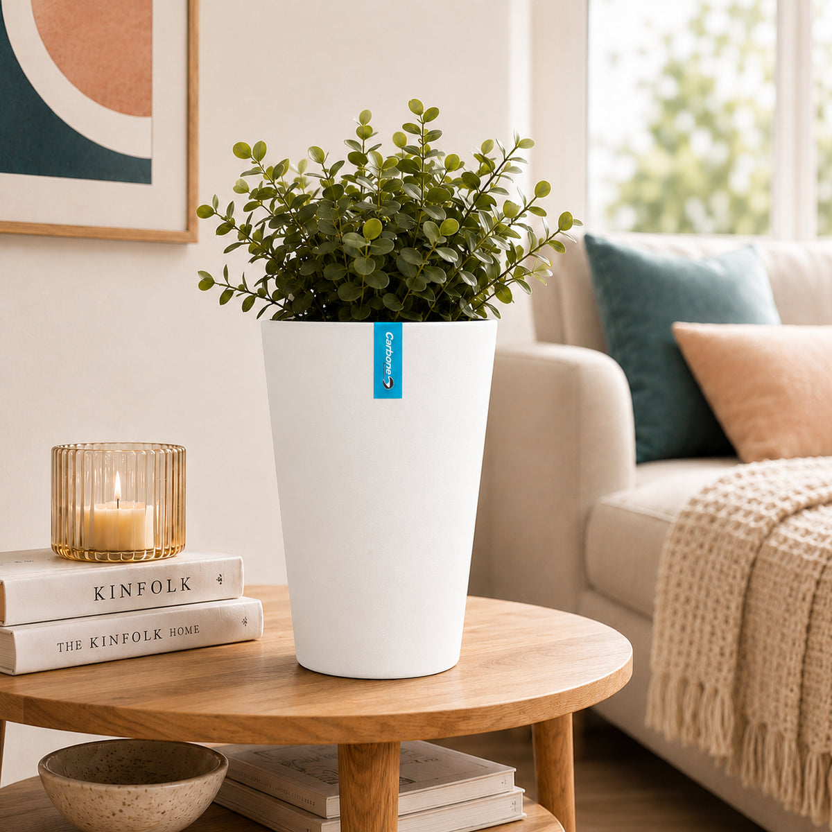 Maceta Alta Decorativa Blanca con Acabado Cerámico Mate para Interior y Exterior D17*H25cm Resistente a Rayos UV.