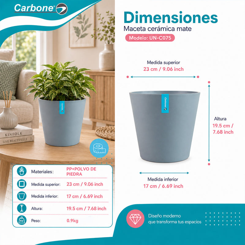 Maceta Decorativa Gris Oscuro con Acabado Cerámico Mate para Interior y Exterior D23*H19.5cm Resistente a Rayos UV.