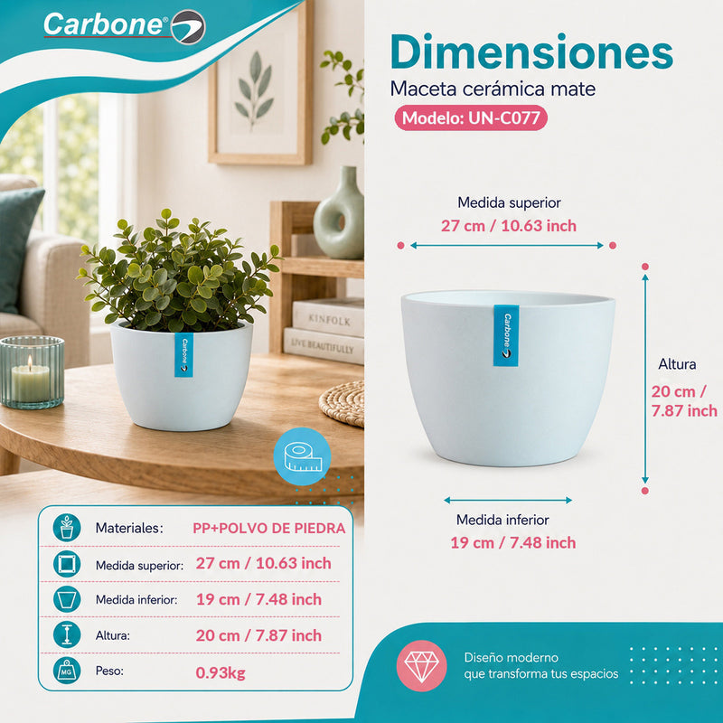 Maceta Decorativa Blanca con Acabado Cerámico Mate para Interior y Exterior D27*H20cm Resistente a Rayos UV.
