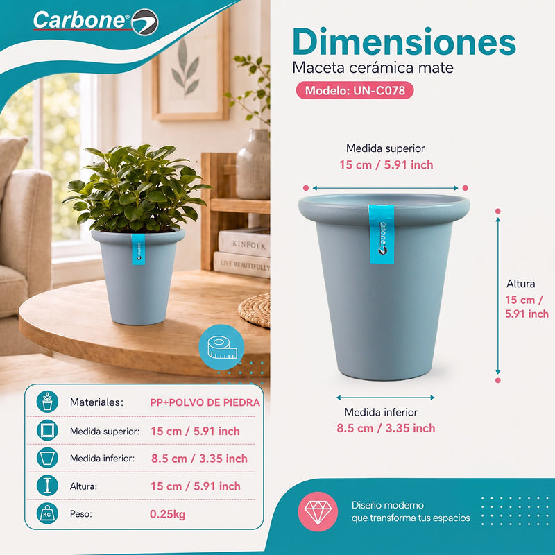 Maceta Decorativa Gris Oscuro con Borde Redondeado y Acabado Cerámico Mate para Interior y Exterior D15*H15cm Resistente a Rayos UV.