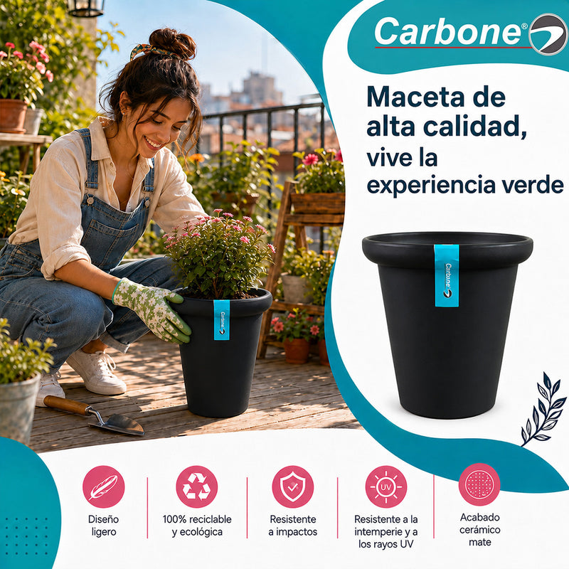 Maceta Decorativa Negra con Borde Redondeado y Acabado Cerámico Mate para Interior y Exterior D19.5*H19cm Resistente a Rayos UV.