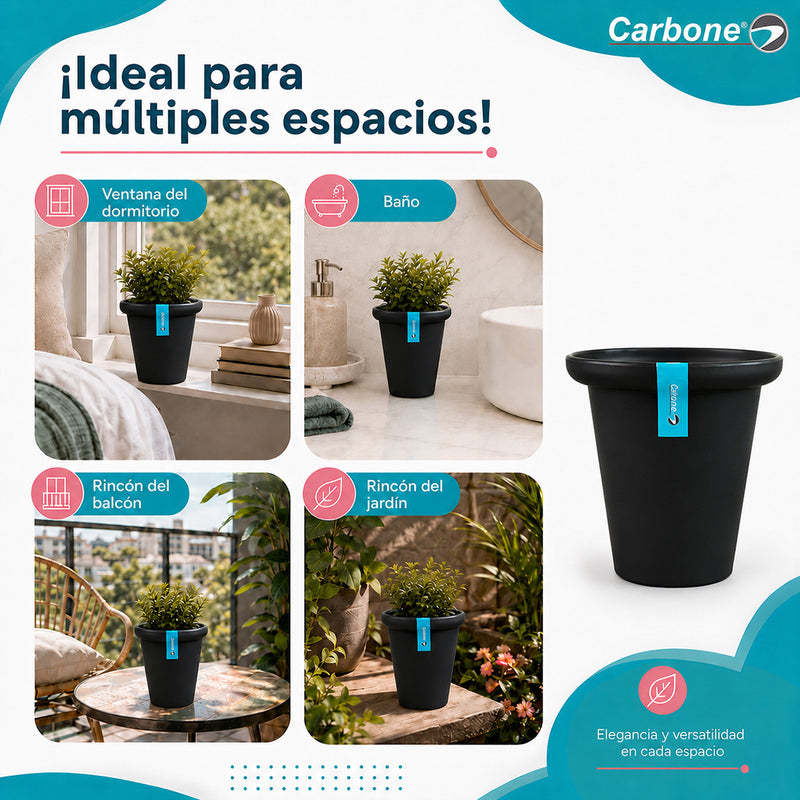 Maceta Decorativa Negra con Borde Redondeado y Acabado Cerámico Mate para Interior y Exterior D19.5*H19cm Resistente a Rayos UV.