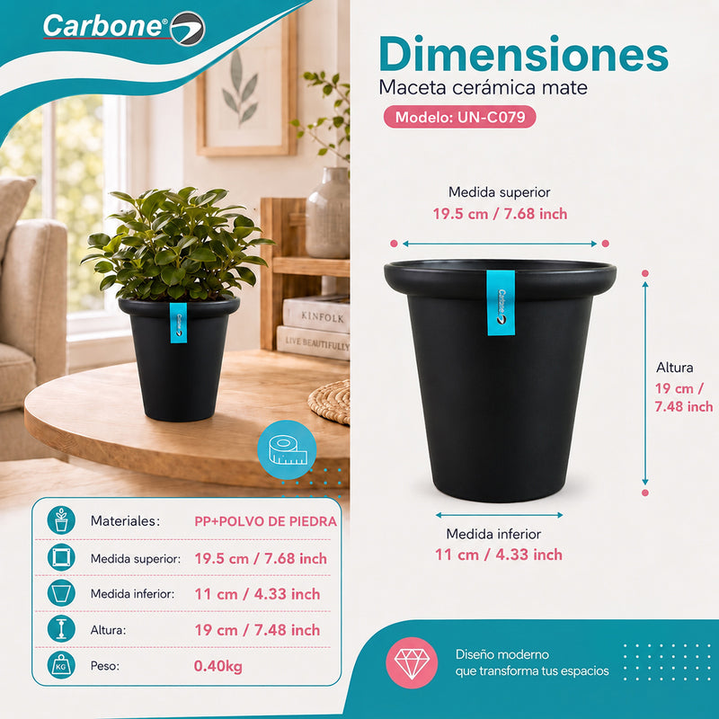 Maceta Decorativa Negra con Borde Redondeado y Acabado Cerámico Mate para Interior y Exterior D19.5*H19cm Resistente a Rayos UV.