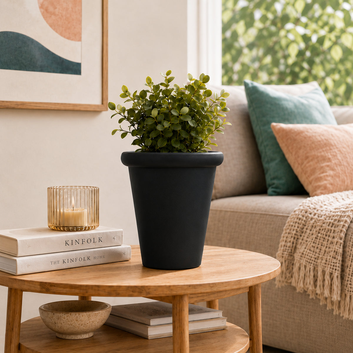 Maceta Decorativa Negra con Borde Redondeado y Acabado Cerámico Mate para Interior y Exterior D19.5*H19cm Resistente a Rayos UV.