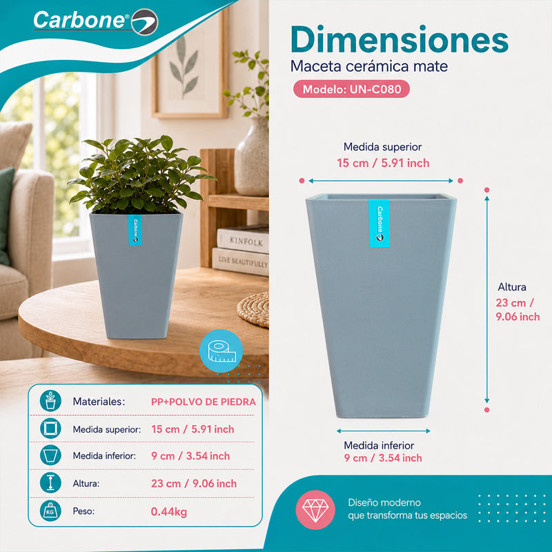 Maceta Decorativa Cuadrada Gris Oscuro con Acabado Cerámico Mate para Interior y Exterior L15*H23cm Resistente a Rayos UV.