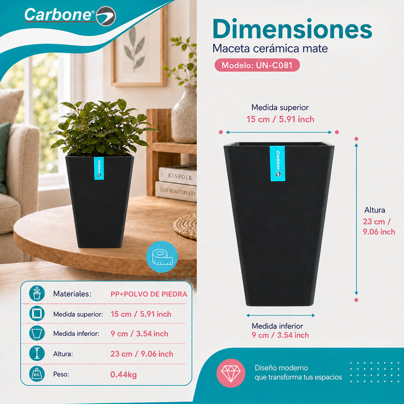 Maceta Decorativa Cuadrada Negra con Acabado Cerámico Mate para Interior y Exterior L15*H23cm Resistente a Rayos UV.