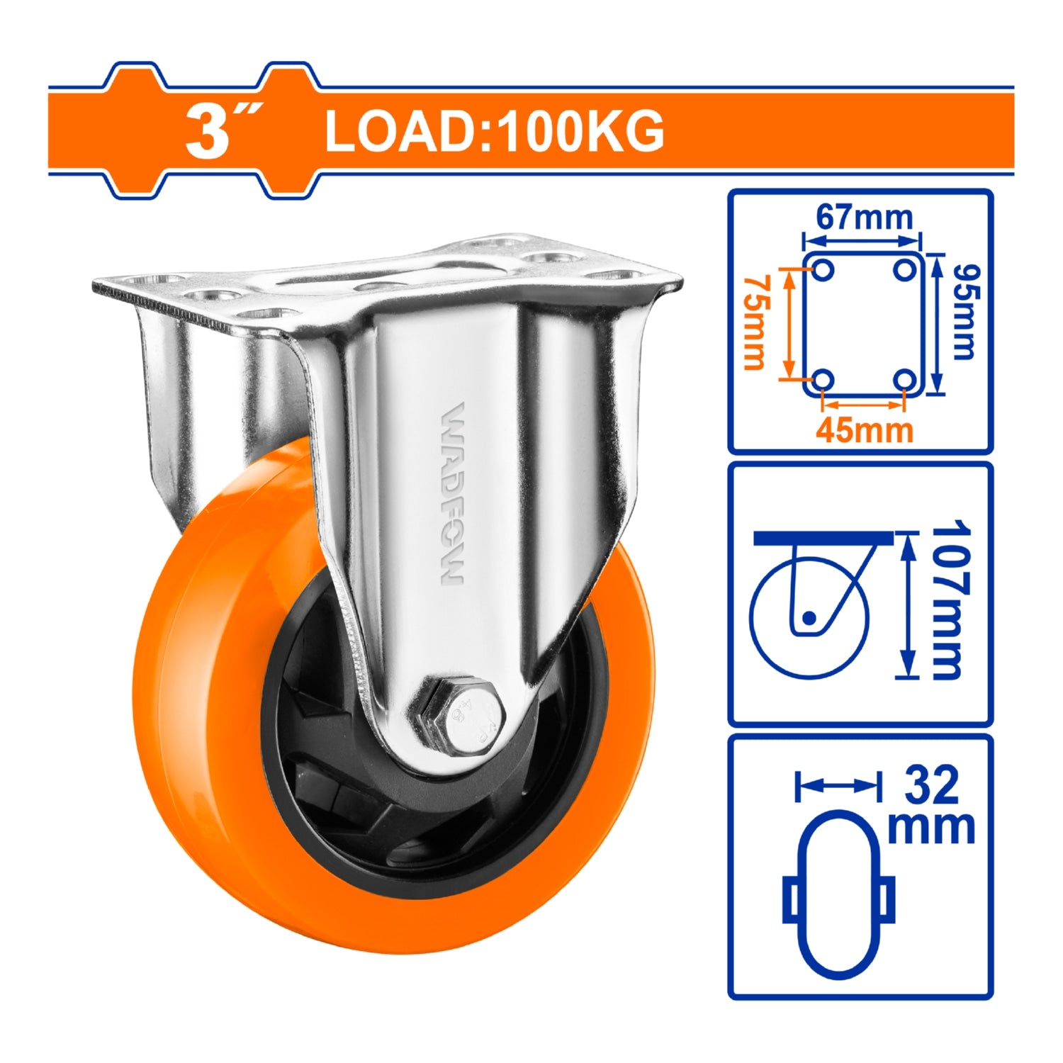 Rueda rígida 3" Serie trabajo mediano Carga 100Kg Poliuretano PU naranja