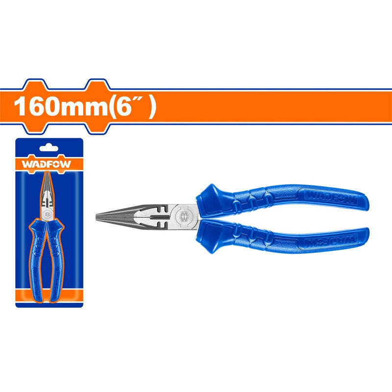 Alicate de punta larga 6” (160 mm). Pulido y antióxido. Con mango de color.
