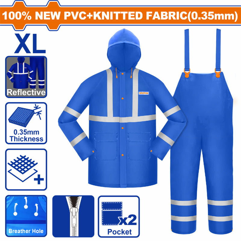 Chaqueta y Overol para lluvia en set. Talla XL 100%PVC. Espesor 0.35mm. Impermeable. Con líneas reflectivas.