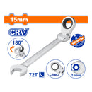 Llave Combinada con Ratchet Flexible 15mm Giro 180º 72 dientes. Cromada. Tratamiento Térmico.