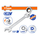 Llave Combinada con Ratchet Flexible 17mm Giro 180º 72 dientes. Cromada. Tratamiento Térmico.