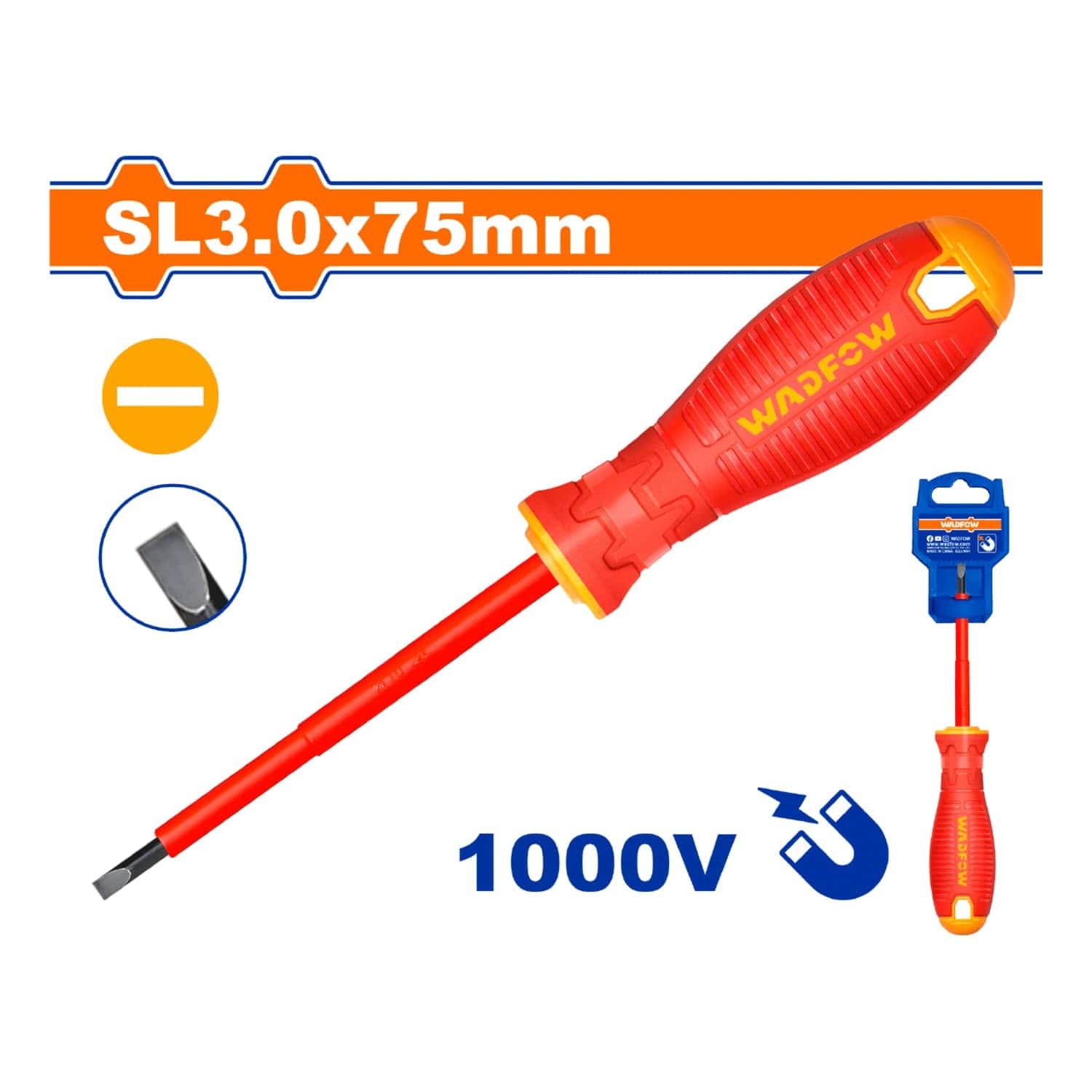 Destornillador Aislado Punta Plana SL3.0 X 75Mm Magnético. CR-V. 1000V. Mango Redondo.