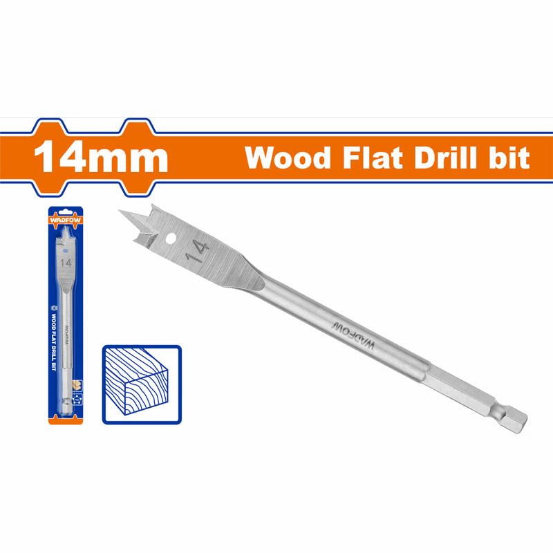 Broca plana para madera de 14mm. Zanco hexagonal de 1/4". Manita para taladro.