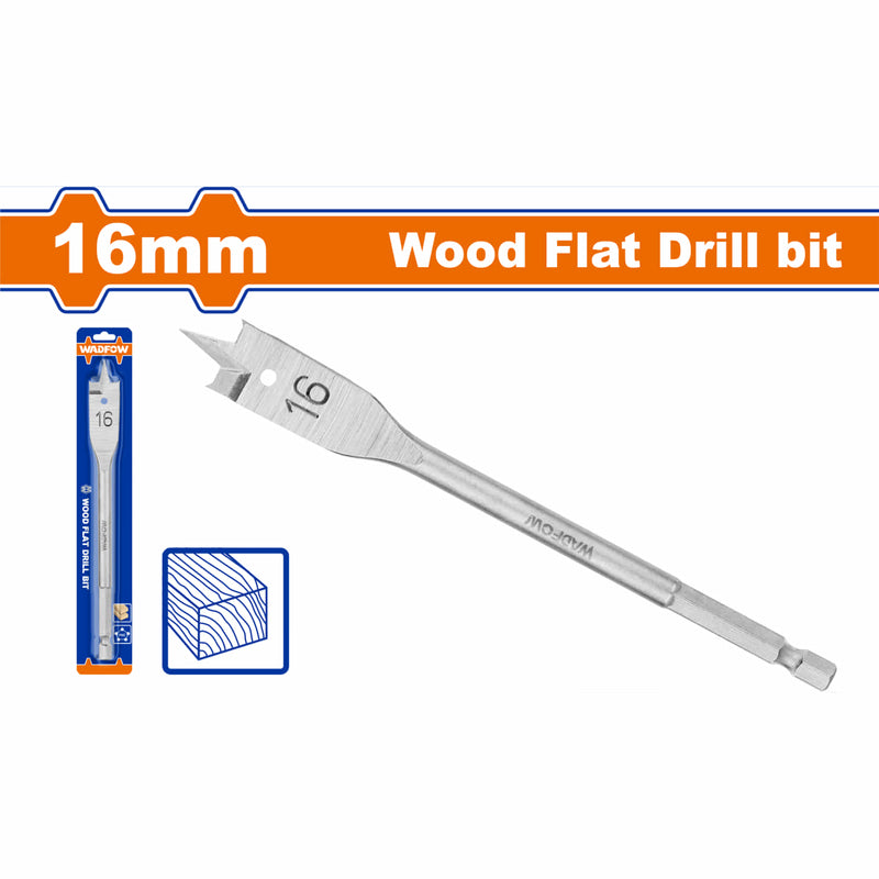 Broca plana para madera de 16mm. Zanco hexagonal de 1/4". Manita para taladro.