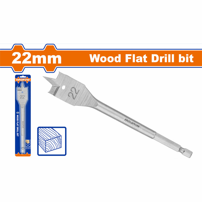 Broca plana para madera de 22mm. Zanco hexagonal de 1/4". Manita para taladro.