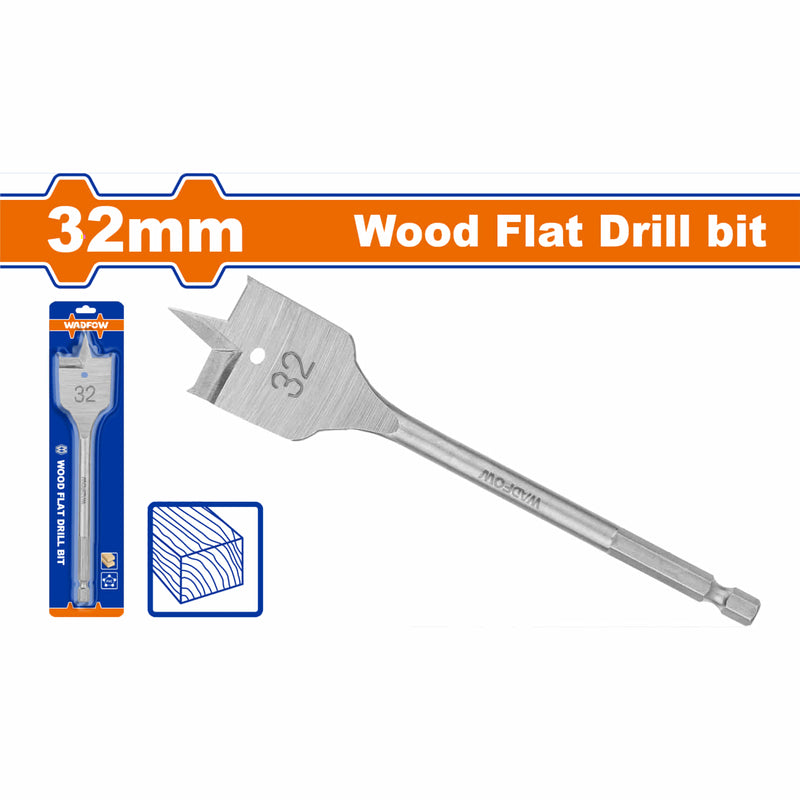 Broca plana para madera de 32mm. Zanco hexagonal de 1/4". Manita para taladro.