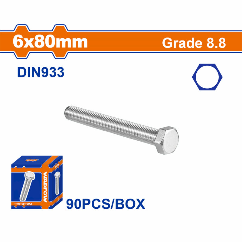 Tornillos Hexagonales 6x80mm Rosca completa. Grado 8.8 Galvanizado. Pernos Hexagonales 90 pzas.