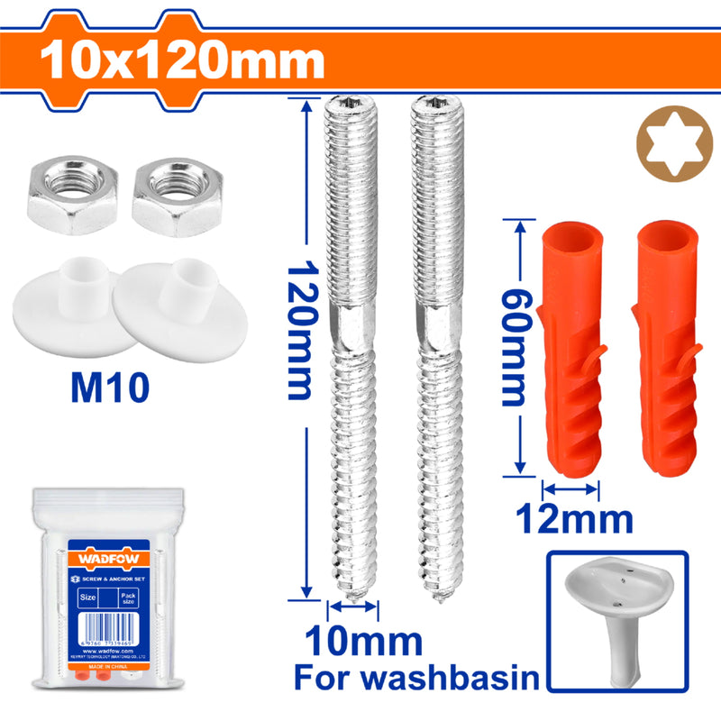 Tornillos Estrella para lavamanos 10x120mm y Anclajes de plástico 12x60mm. Con arandelas. SET