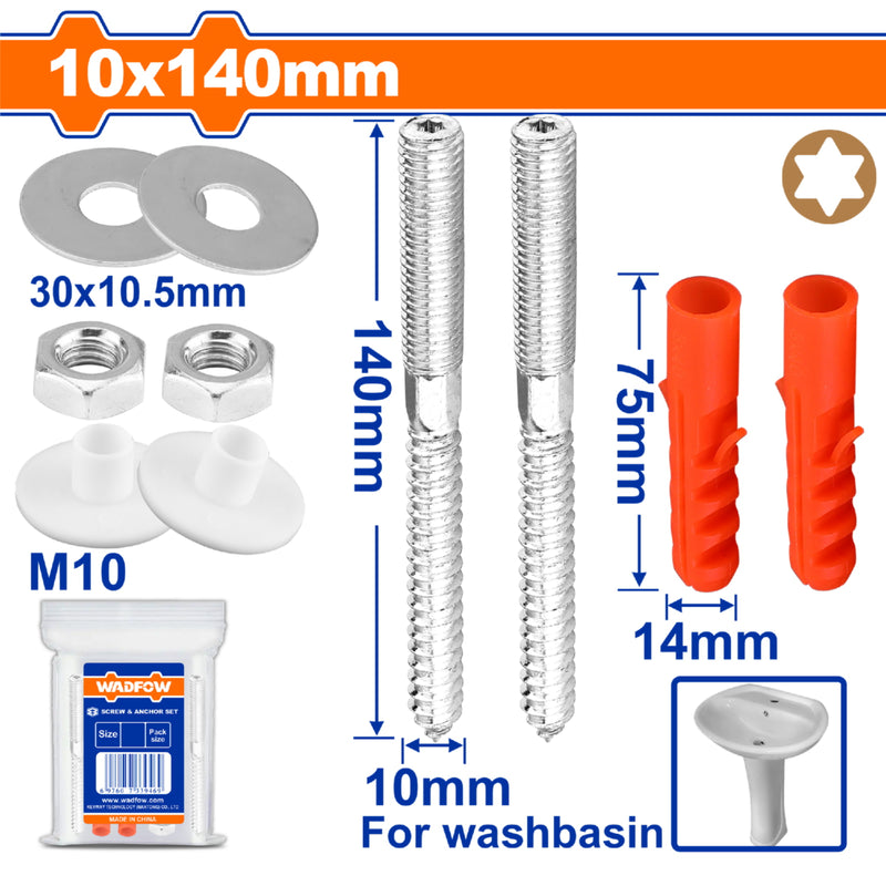 Tornillos Estrella para lavamanos 10x140mm y anclajes 14x75mm Con arandelas. SET