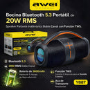 Bocina Bluetooth 5.3 Portátil de 20W RMS. Speaker Parlante Inalámbrico Doble Canal TWS. Altavoz Recargable con Batería de 3600mAh y Asa de Transporte.
