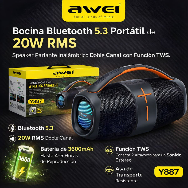 Bocina Bluetooth 5.3 Portátil de 20W RMS. Speaker Parlante Inalámbrico Doble Canal TWS. Altavoz Recargable con Batería de 3600mAh y Asa de Transporte.