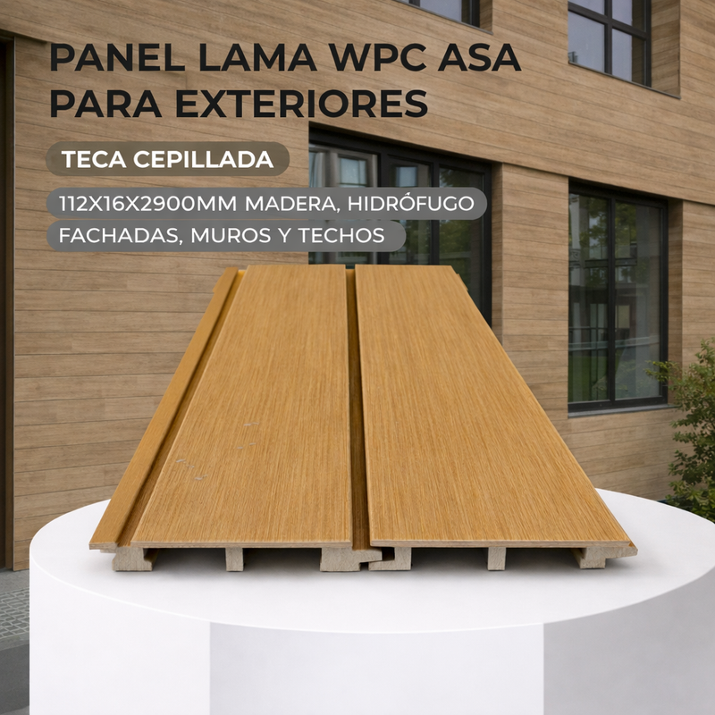 Panel Lama WPC ASA Teca cepillada para exteriores 112x16x2900MM, Madera, hidrófugo fachadas, muros y techos