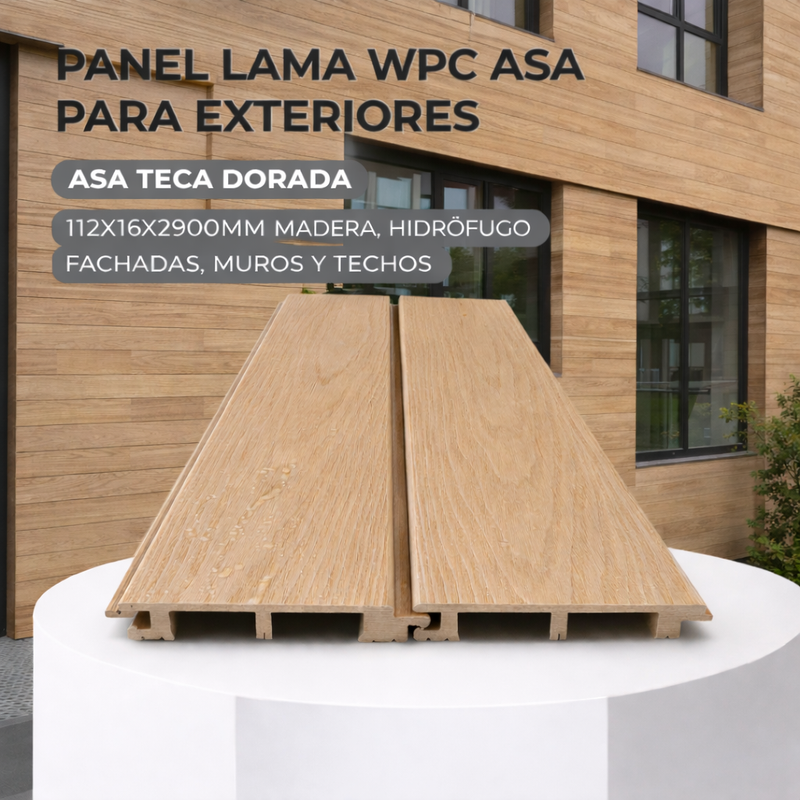 Panel Lama WPC ASA Teca dorada cepillada para exteriores 112x16x2900MM, Madera, hidrófugo fachadas, muros y techos