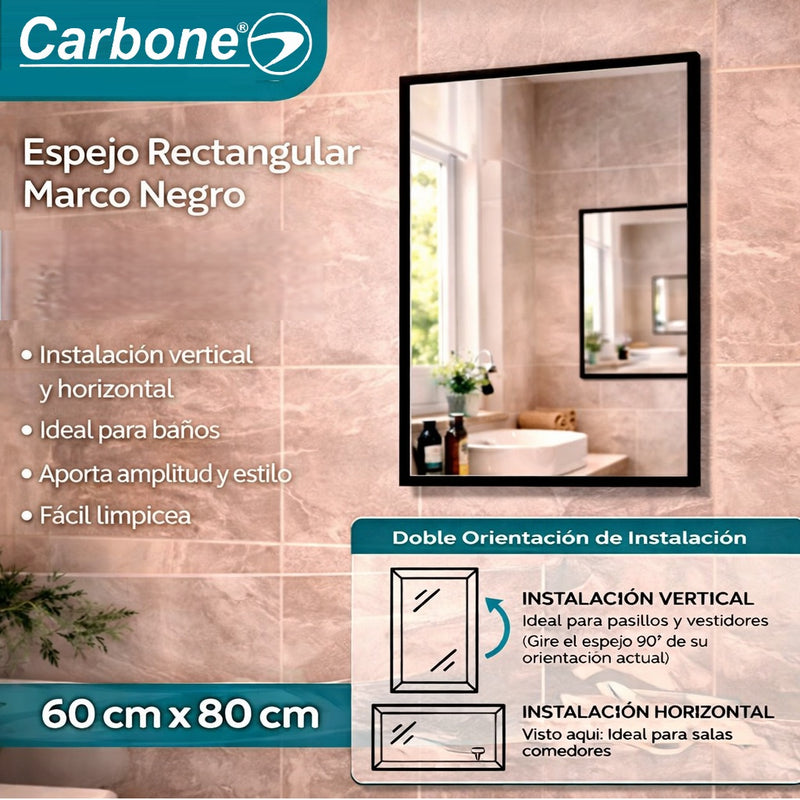 Espejo rectangular Marco Negro 60 cm X 80 cm instalación Vertical y Horizontal