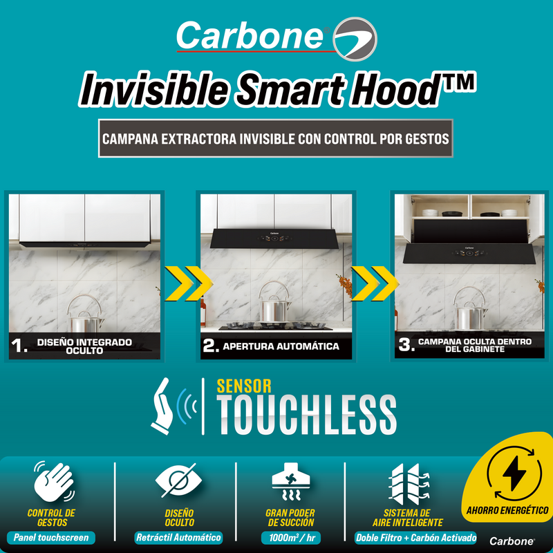Campana Extractora De Cocina Slim Empotrable Oculta Con Sensor Touchless 200W Y Flujo De 1000 m³/h (75 cm). Extractor Smart Hood. Color Negro