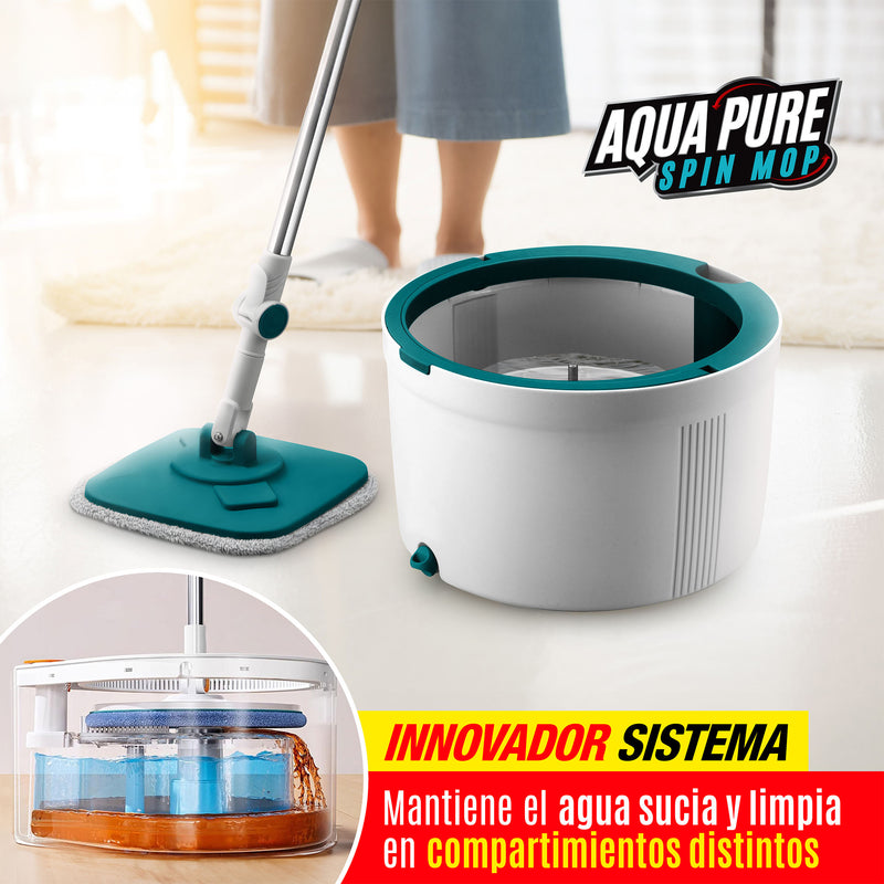 Trapeador Spin Mop Aqua Pure Giratorio Con Tina Separadora De Agua Limpia Y Sucia De 3 Lts