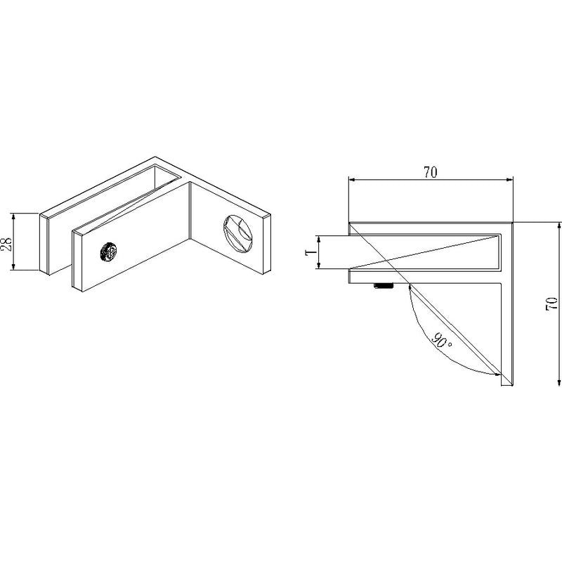 Clip para Vidrio, 90 grados, Pared - Vidrio, AISI304, SATIN