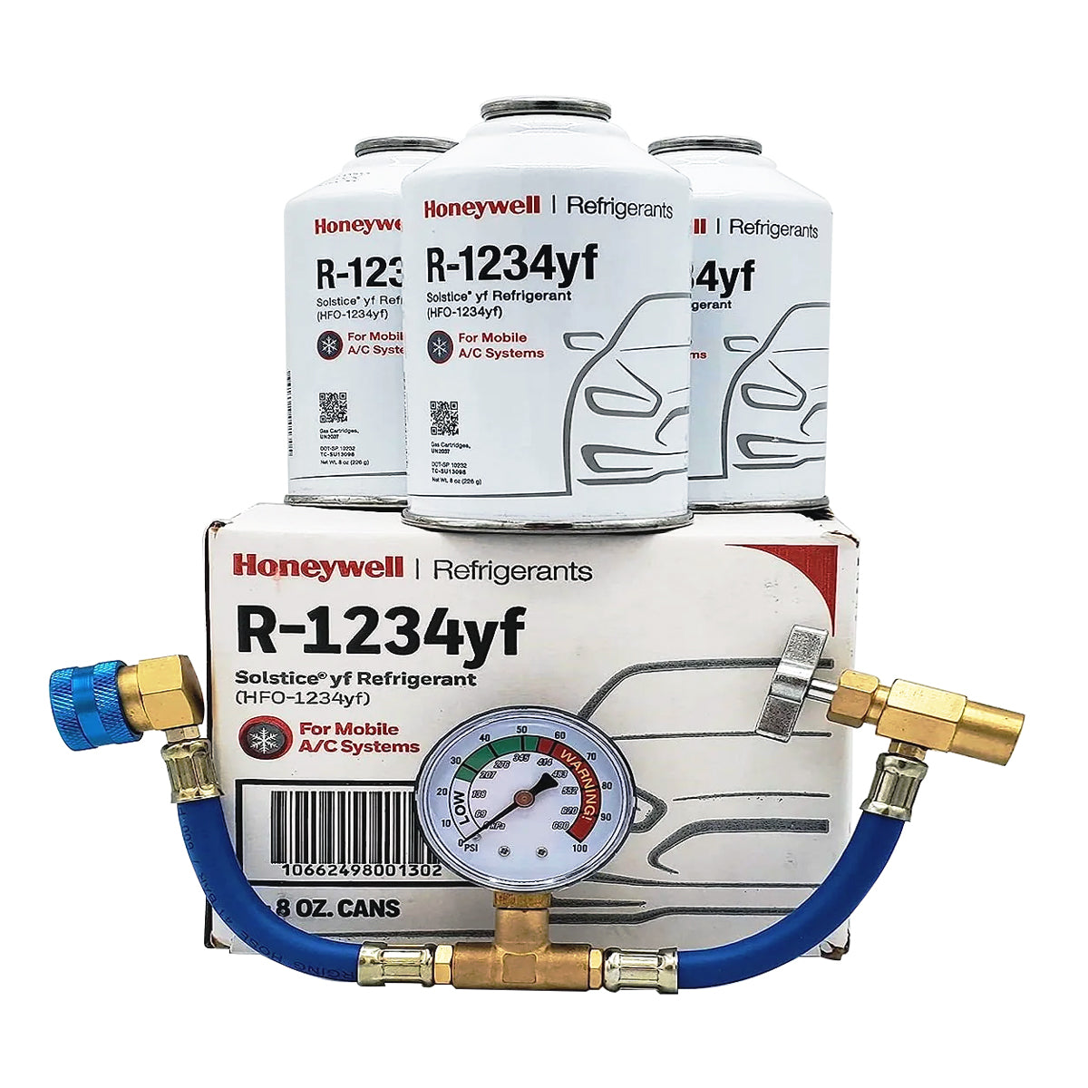Gas Refrigerante R1234YF HoneyWell 8oz /226 gramos (3 latas freón/ 8 oz) Incluye medidor boquilla