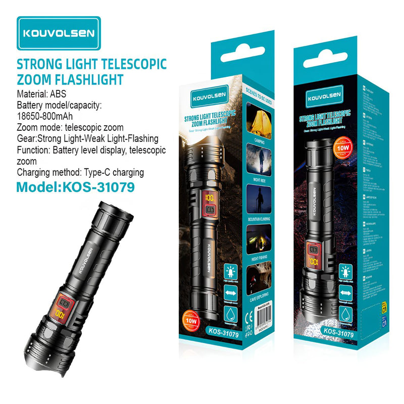 Linterna LED De Alta Potencia Con Zoom Telescópico. Luz Táctica De 10W Recargable USB-C y con 3 Modos De Iluminación.