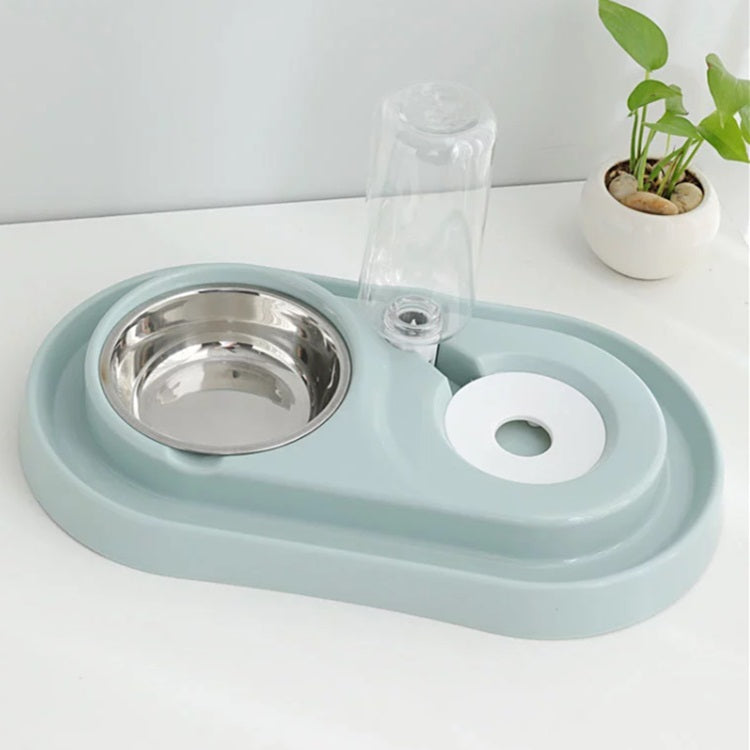 Tazón doble de agua y alimento para mascotas con base y soporte de plastico. Color Gris