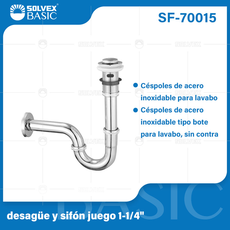 Desagüe y Sifón para Lavamanos 1 1/4". Trampa en U con Tubo de Acero Inoxidable.
