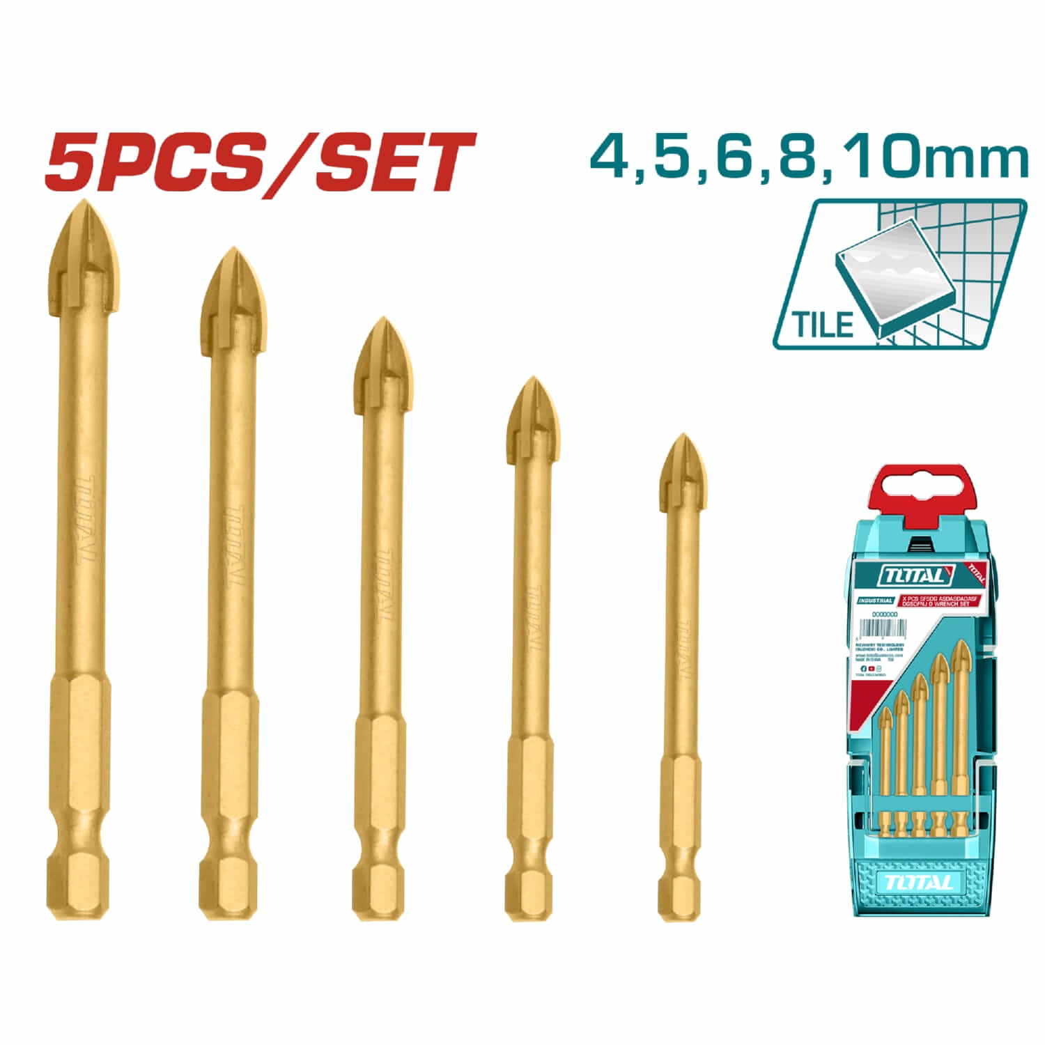 Brocas punta de flecha para vidrio y azulejos 4mm, 5mm, 6mm, 8mm, 10mm. Set de 5 piezas.