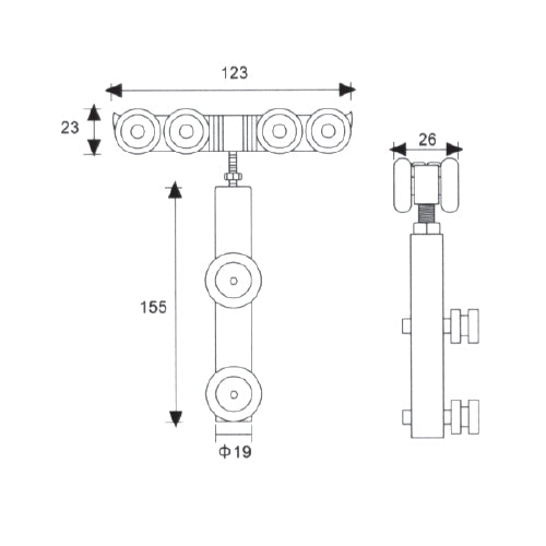 Rodachines para puertas de vidrio 10-12mm. Incluye 2 rodach y acces.Sat 130kg/par. riel TD-AL03