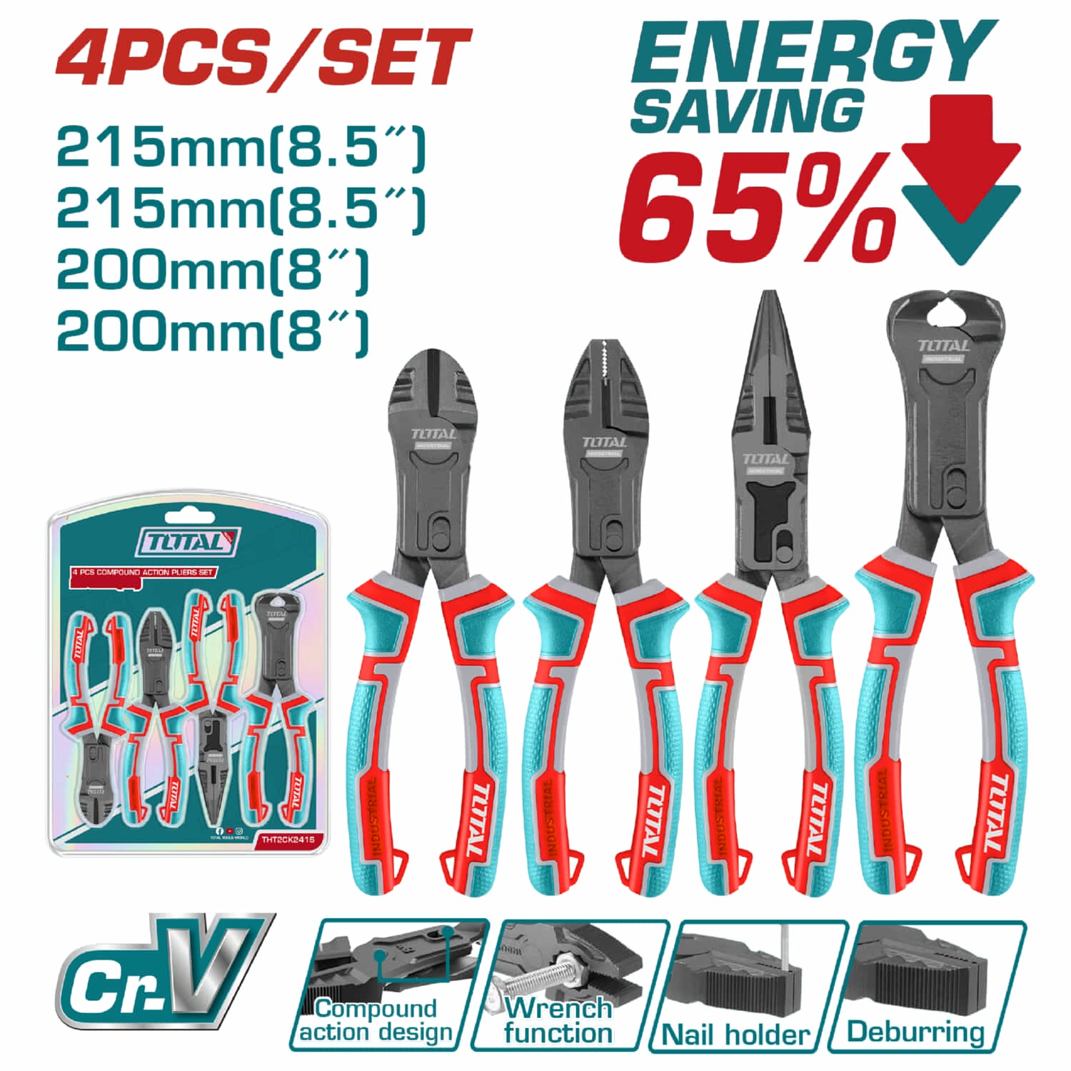 Alicates de Combinacion de 8", de Punta larga de 8.5", de corte diagonal de 8". Se vende en set de 4 piezas. Salva 65% de fuerza