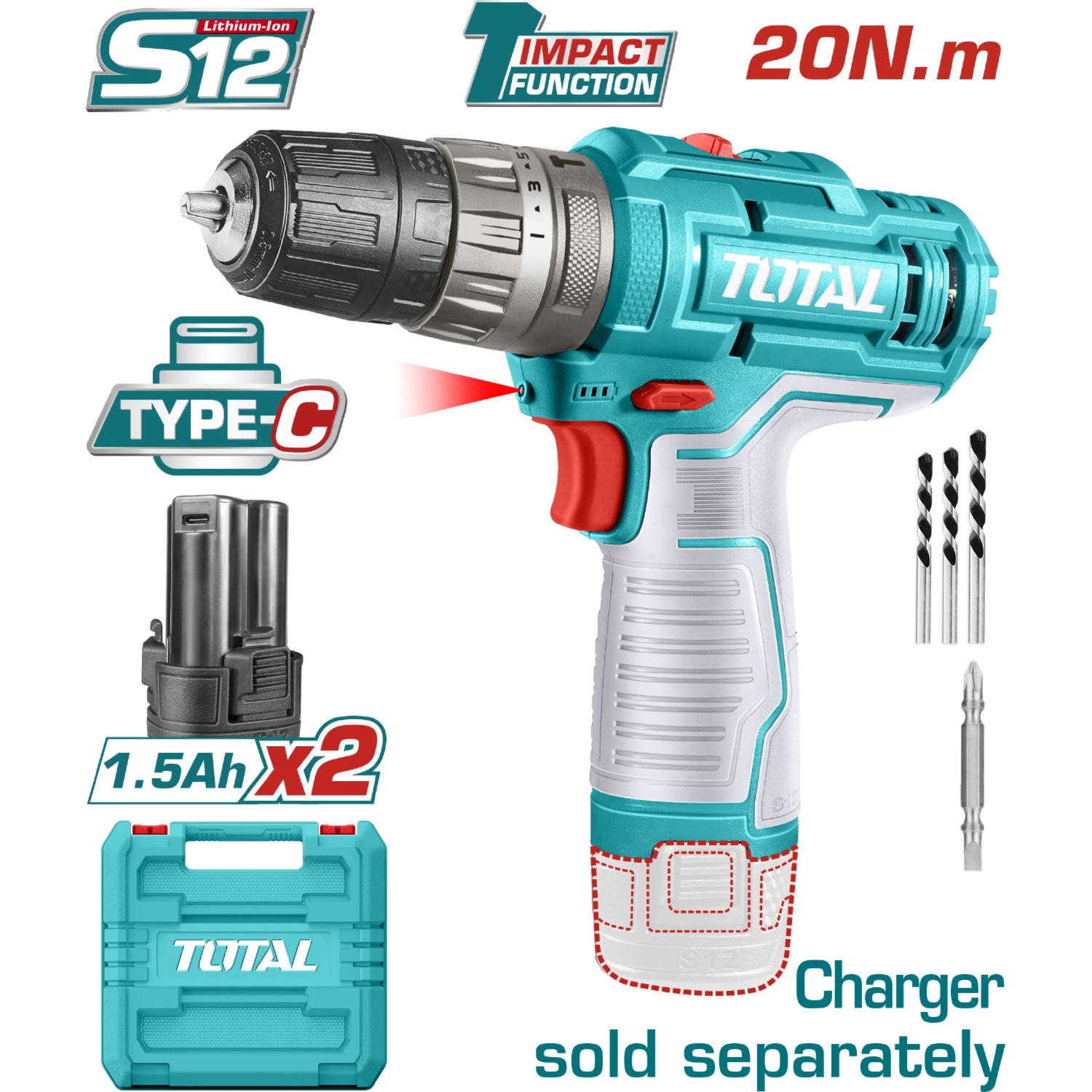 Drill Taladro Inalámbrico 3/8" 12V Función Impacto 0.8-10mm 20Nm Luz LED. No incluye cargador. Super Total